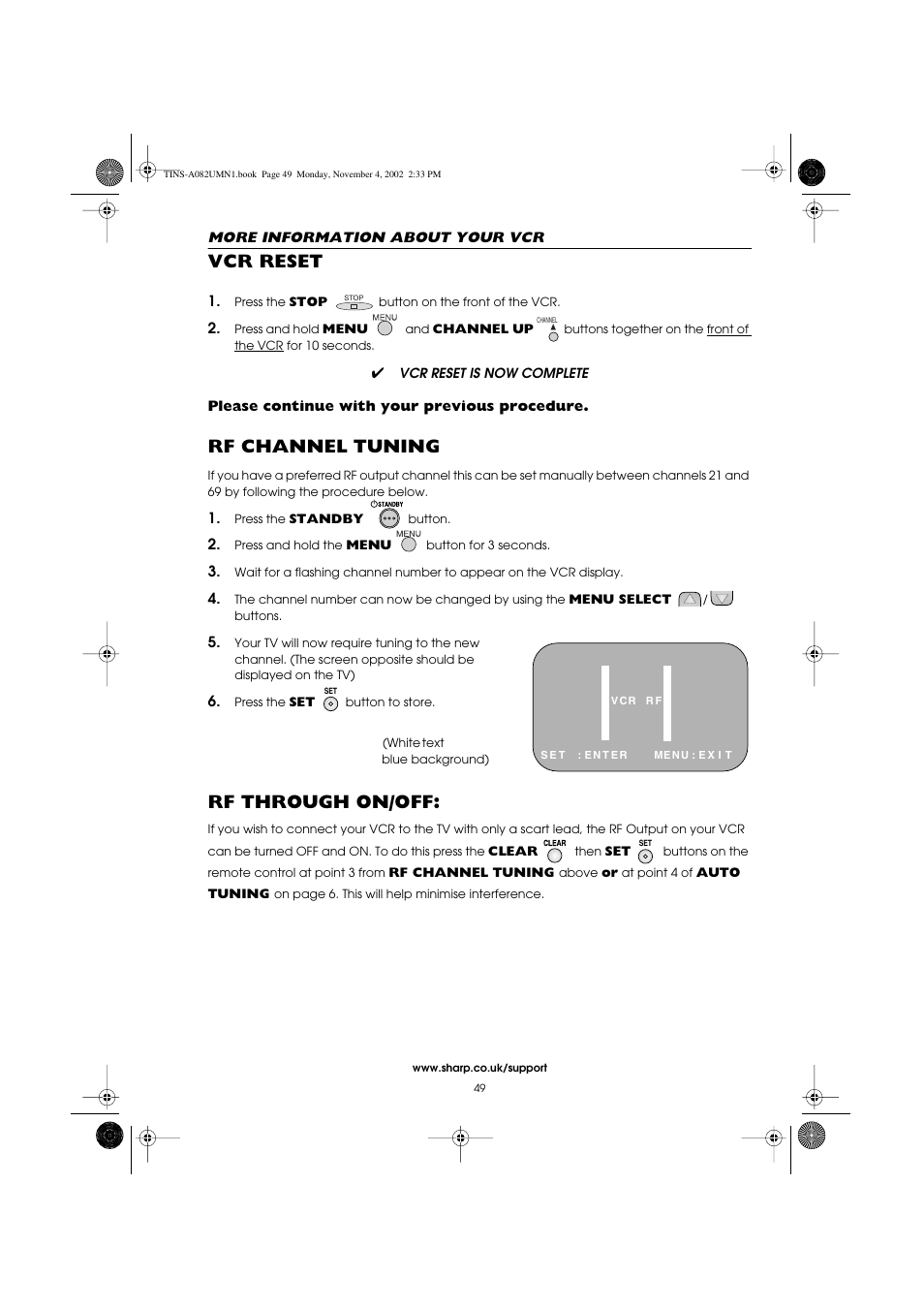 Vcr reset, Rf channel tuning, Rf through on/off | Sharp VC-MH835HM User Manual | Page 51 / 54