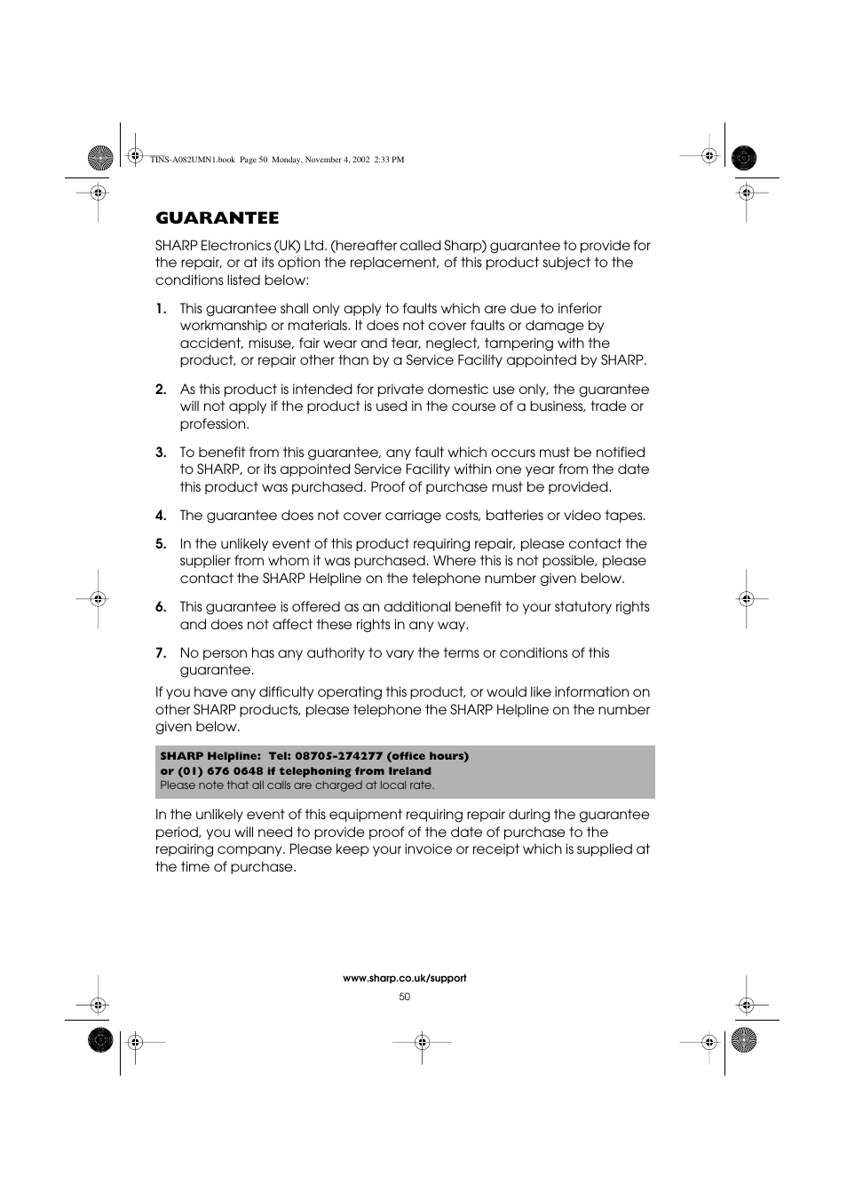 Guarantee | Sharp VC-MH835HM User Manual | Page 52 / 54