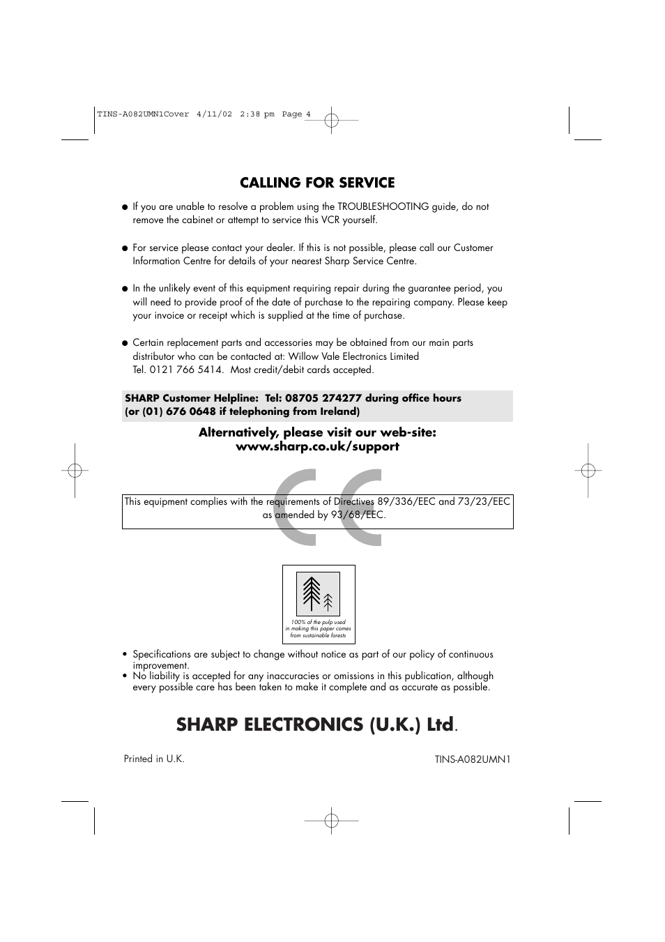 Sharp electronics (u.k.) ltd, Calling for service | Sharp VC-MH835HM User Manual | Page 54 / 54