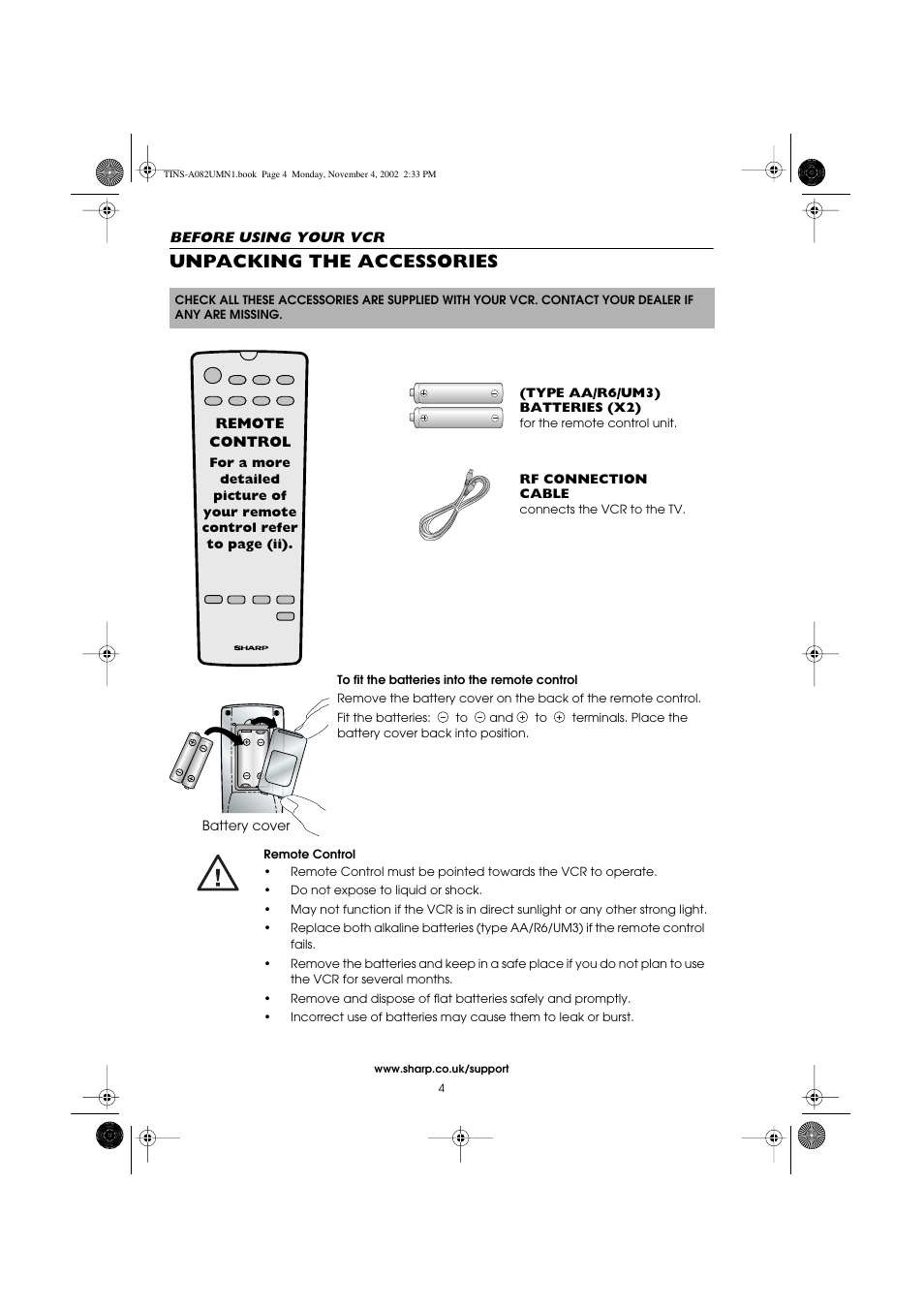 Unpacking the accessories | Sharp VC-MH835HM User Manual | Page 6 / 54