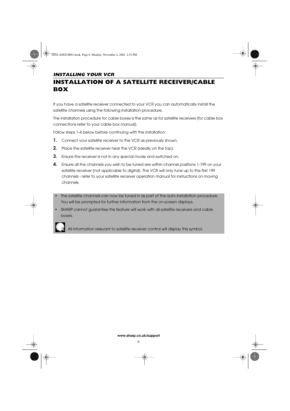 Installation of a satellite receiver/cable box | Sharp VC-MH835HM User Manual | Page 8 / 54