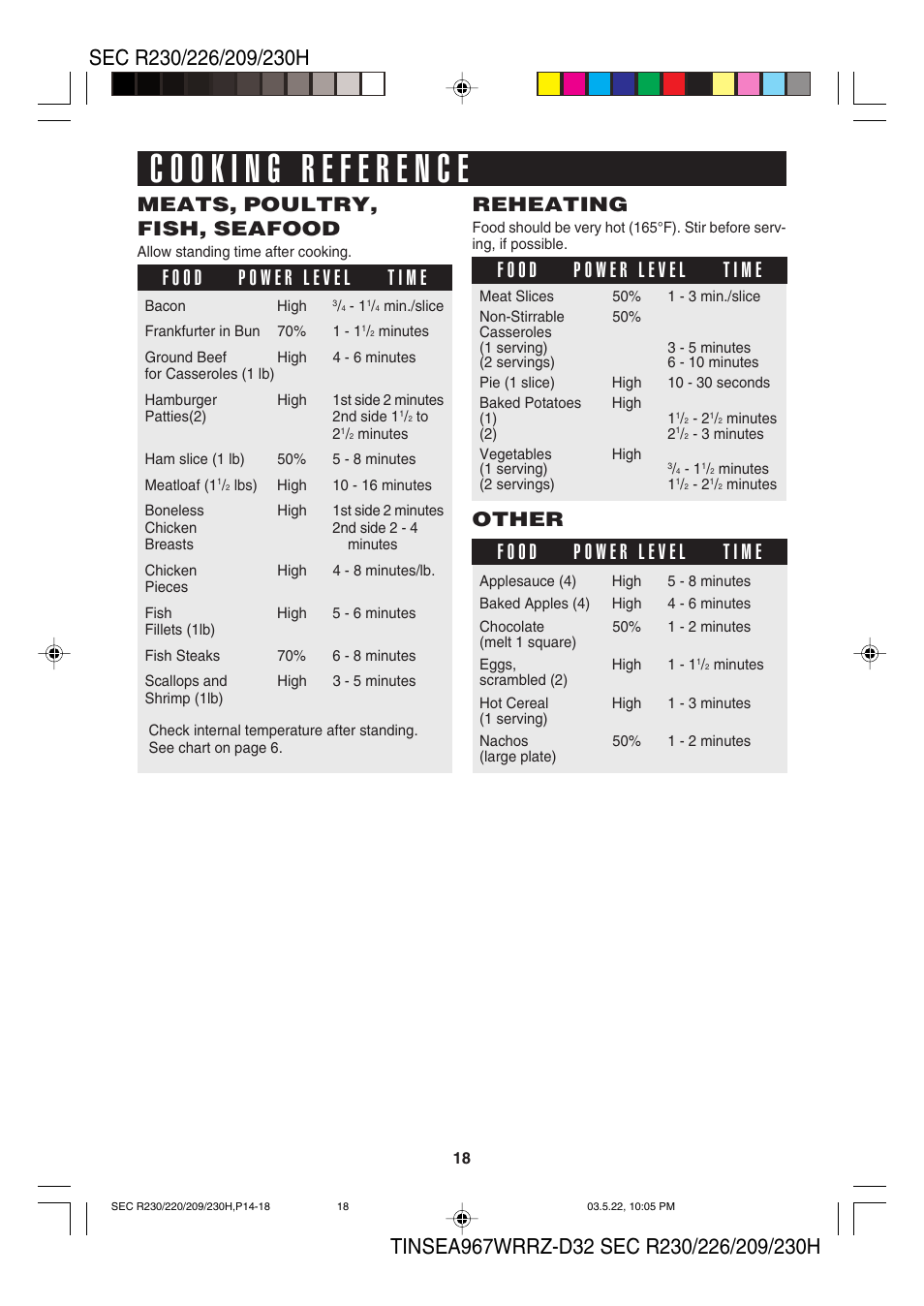 Meats, poultry, fish, seafood, Reheating, Other | Sharp 209H User Manual | Page 20 / 24