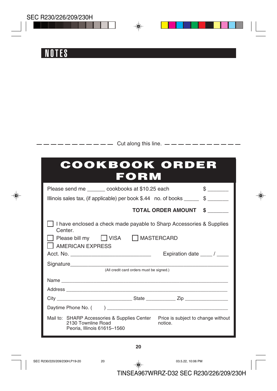 Cookbook order form | Sharp 209H User Manual | Page 22 / 24