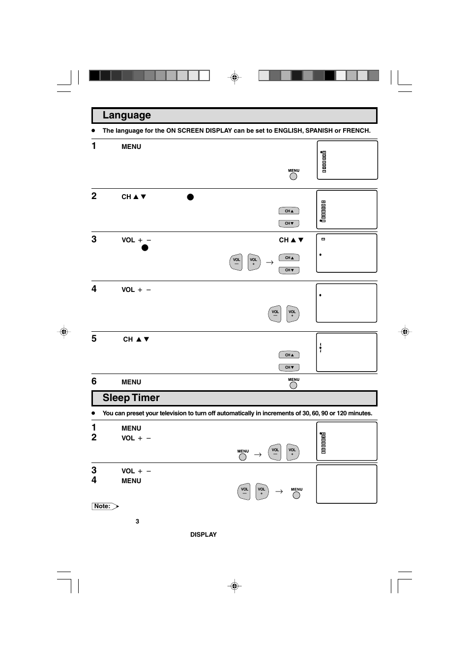 Sleep timer, Language | Sharp 27F543 User Manual | Page 11 / 59