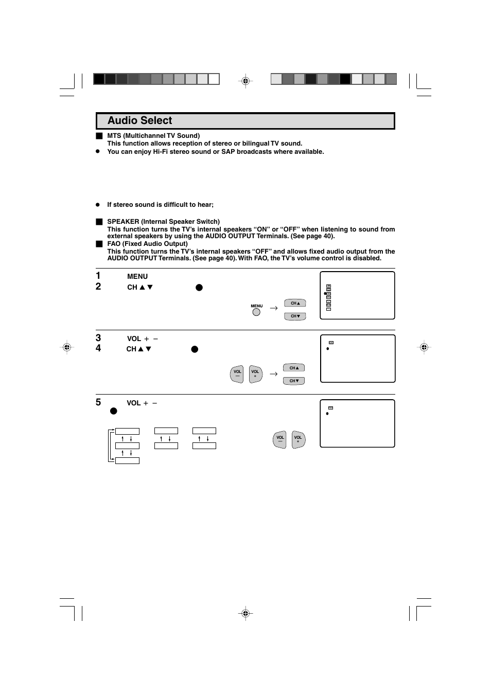 Audio select | Sharp 27F543 User Manual | Page 13 / 59