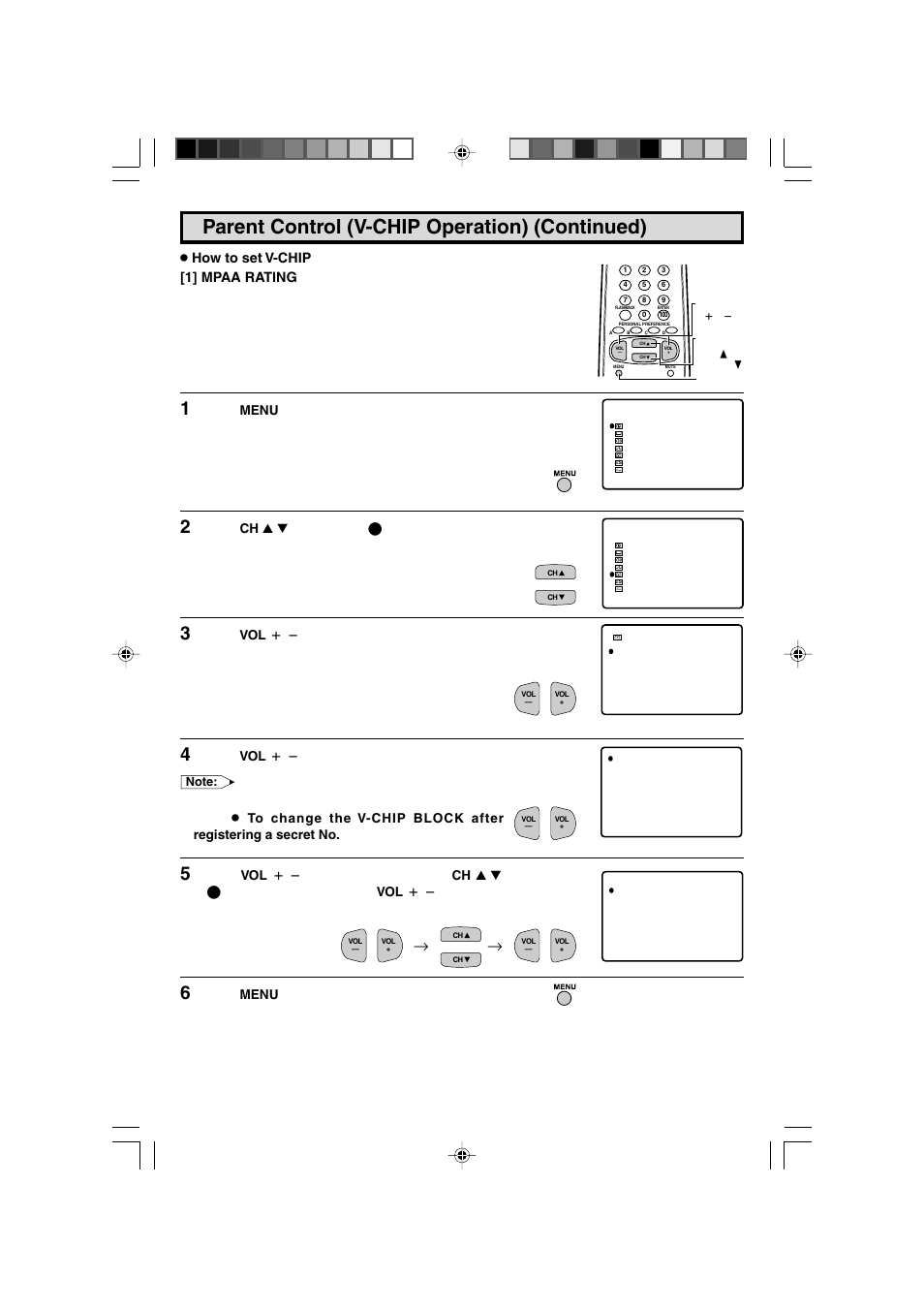 Parent control (v-chip operation) (continued), How to set v-chip [1] mpaa rating | Sharp 27F543 User Manual | Page 18 / 59