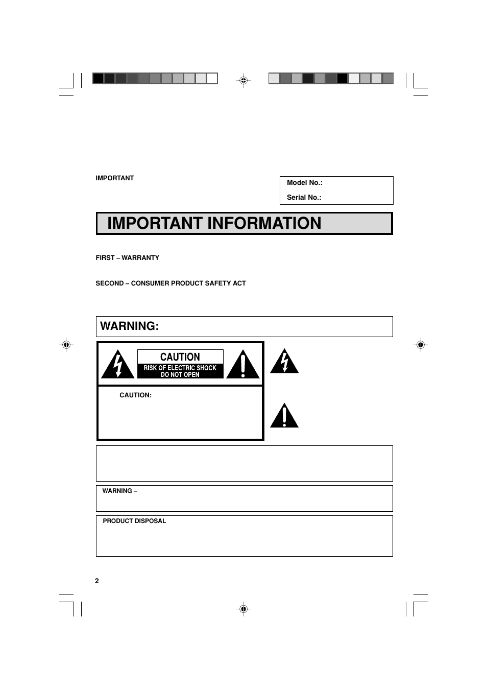 Important information, Warning | Sharp 27F543 User Manual | Page 2 / 59