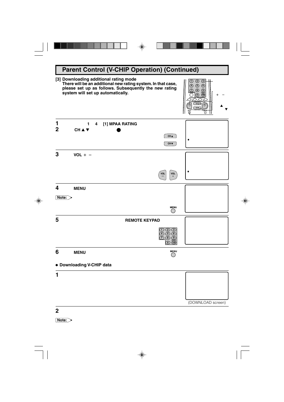 Press, Mark to “download, If secret no. is already set, skip to step 6 | Downloading v-chip data | Sharp 27F543 User Manual | Page 20 / 59