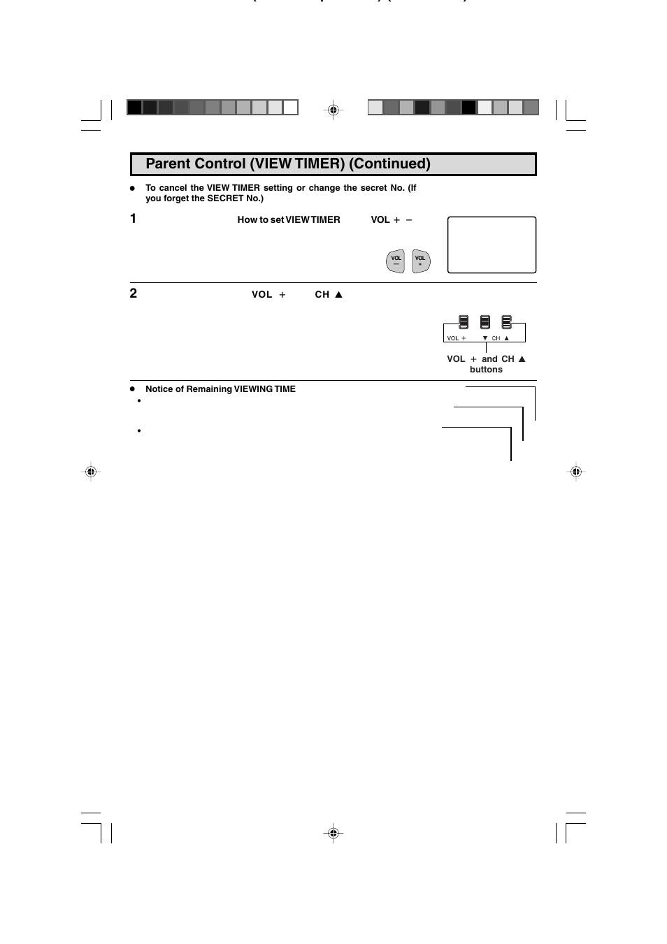 Parent control (view timer) (continued), Parent control (v-chip operation) (continued) | Sharp 27F543 User Manual | Page 26 / 59
