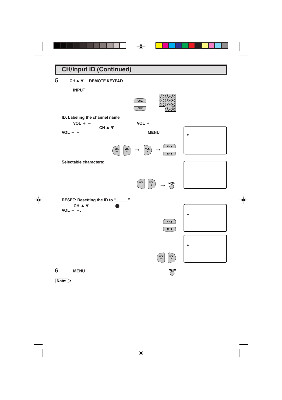 Ch/input id (continued) | Sharp 27F543 User Manual | Page 37 / 59