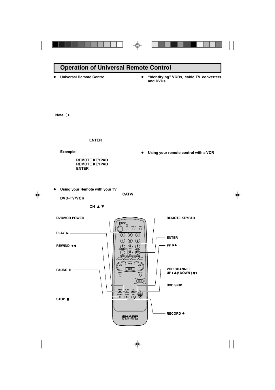 Operation of universal remote control | Sharp 27F543 User Manual | Page 41 / 59