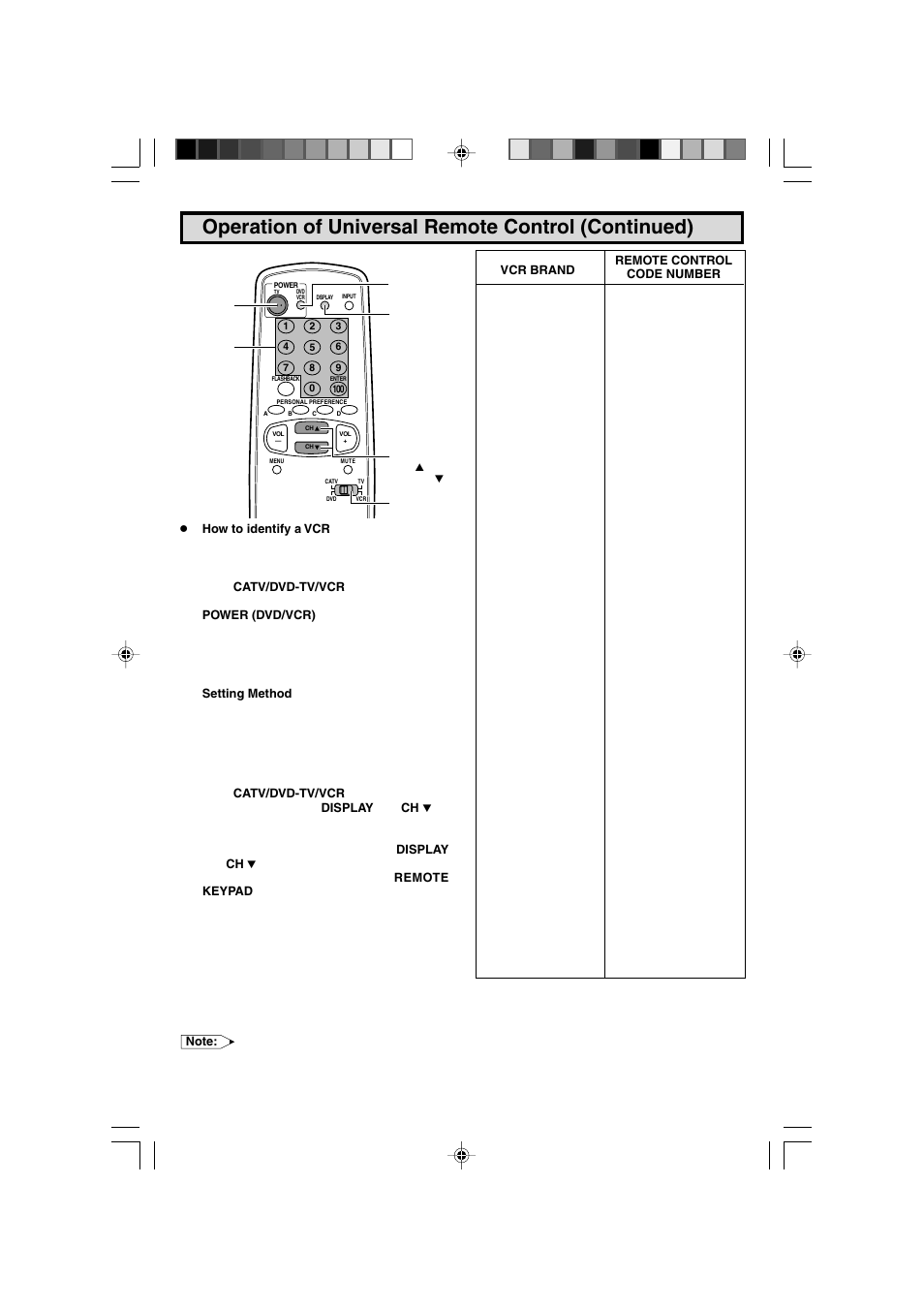 Operation of universal remote control (continued) | Sharp 27F543 User Manual | Page 42 / 59