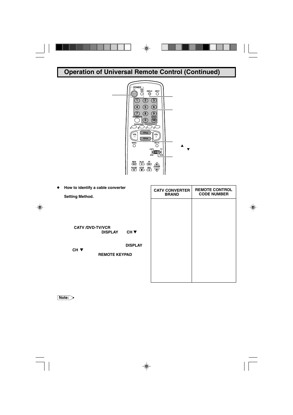 Operation of universal remote control (continued) | Sharp 27F543 User Manual | Page 44 / 59