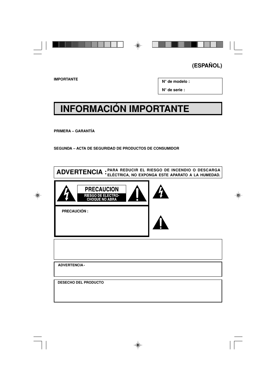 Información importante, Advertencia, Español) | Sharp 27F543 User Manual | Page 47 / 59