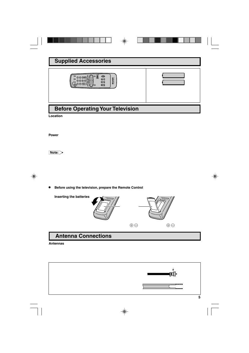 Supplied accessories, Before operating your television, Antenna connections | Sharp 27F543 User Manual | Page 5 / 59