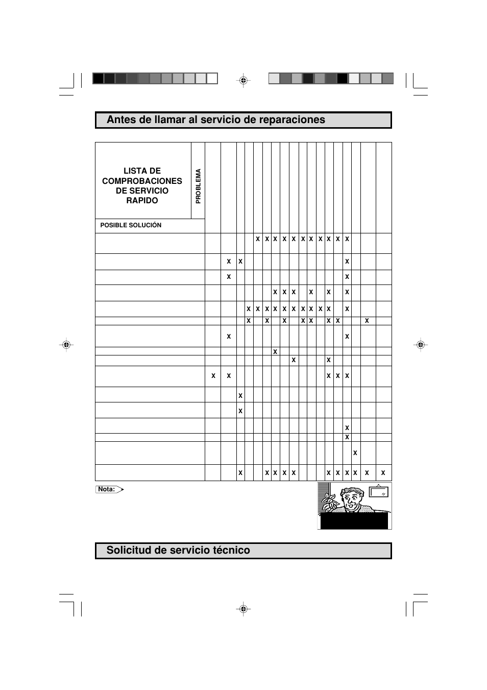 Antes de llamar al servicio de reparaciones, Solicitud de servicio técnico, Lista de comprobaciones de servicio rapido | Sharp 27F543 User Manual | Page 52 / 59