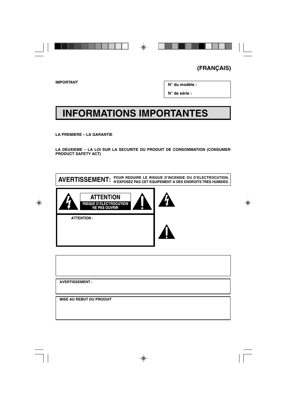 Informations importantes, Avertissement, Français) | Sharp 27F543 User Manual | Page 53 / 59
