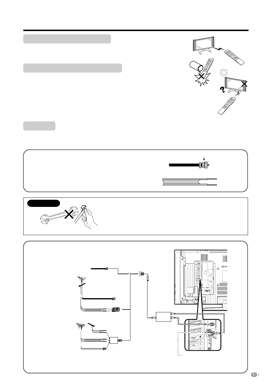 Preparation, Notice, Using the remote control unit | Antennas, Cautions regarding remote control unit | Sharp Aquos LC 45GD5U User Manual | Page 17 / 89