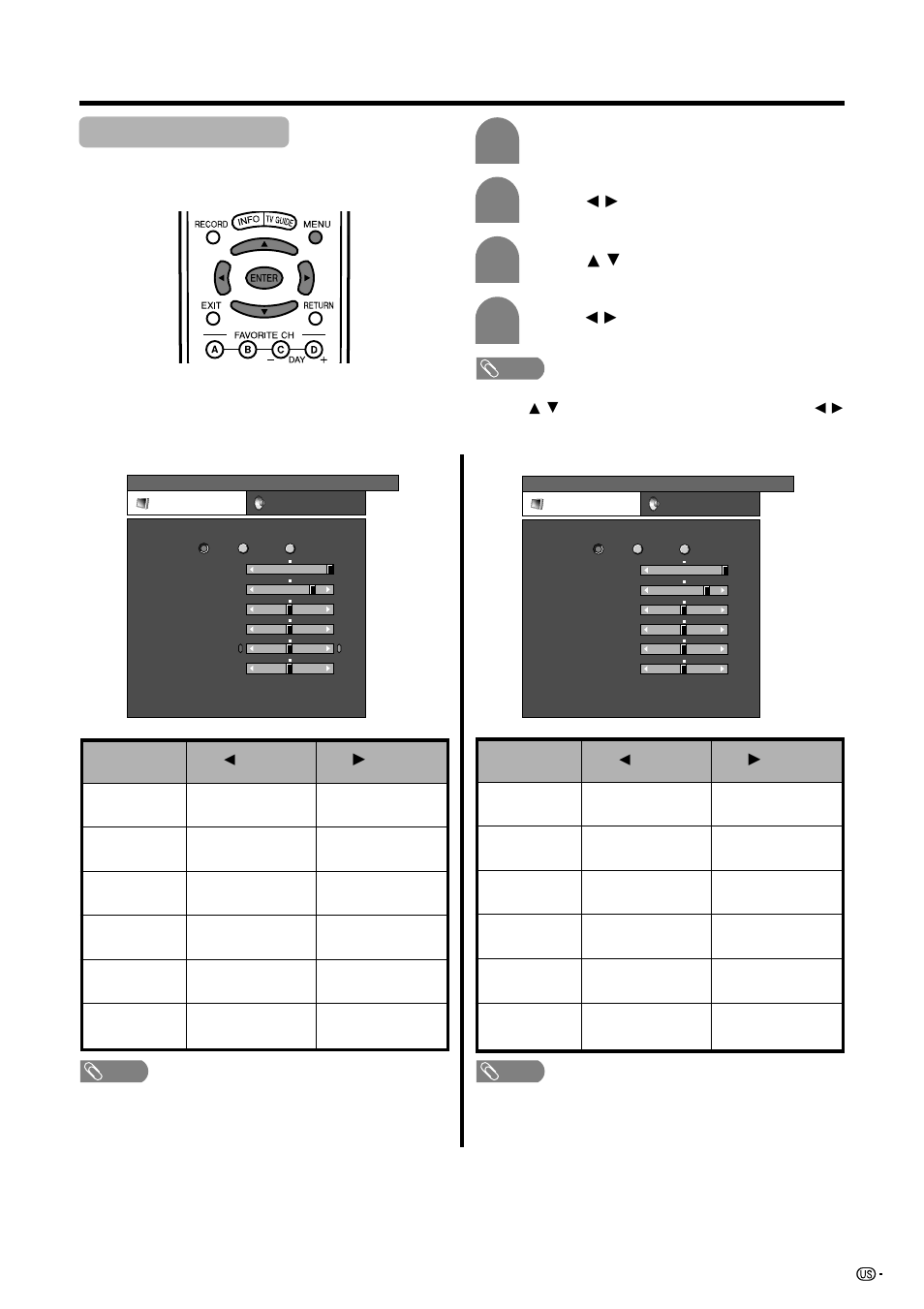 Picture adjustments, Basic adjustment settings, Adjustments for pc source | Adjustments for av source | Sharp Aquos LC 45GD5U User Manual | Page 41 / 89