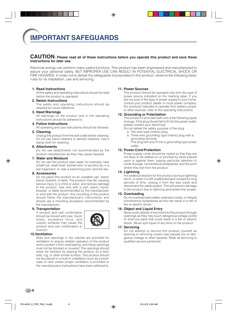 Important safeguards, Caution | Sharp PG-A20X User Manual | Page 10 / 74