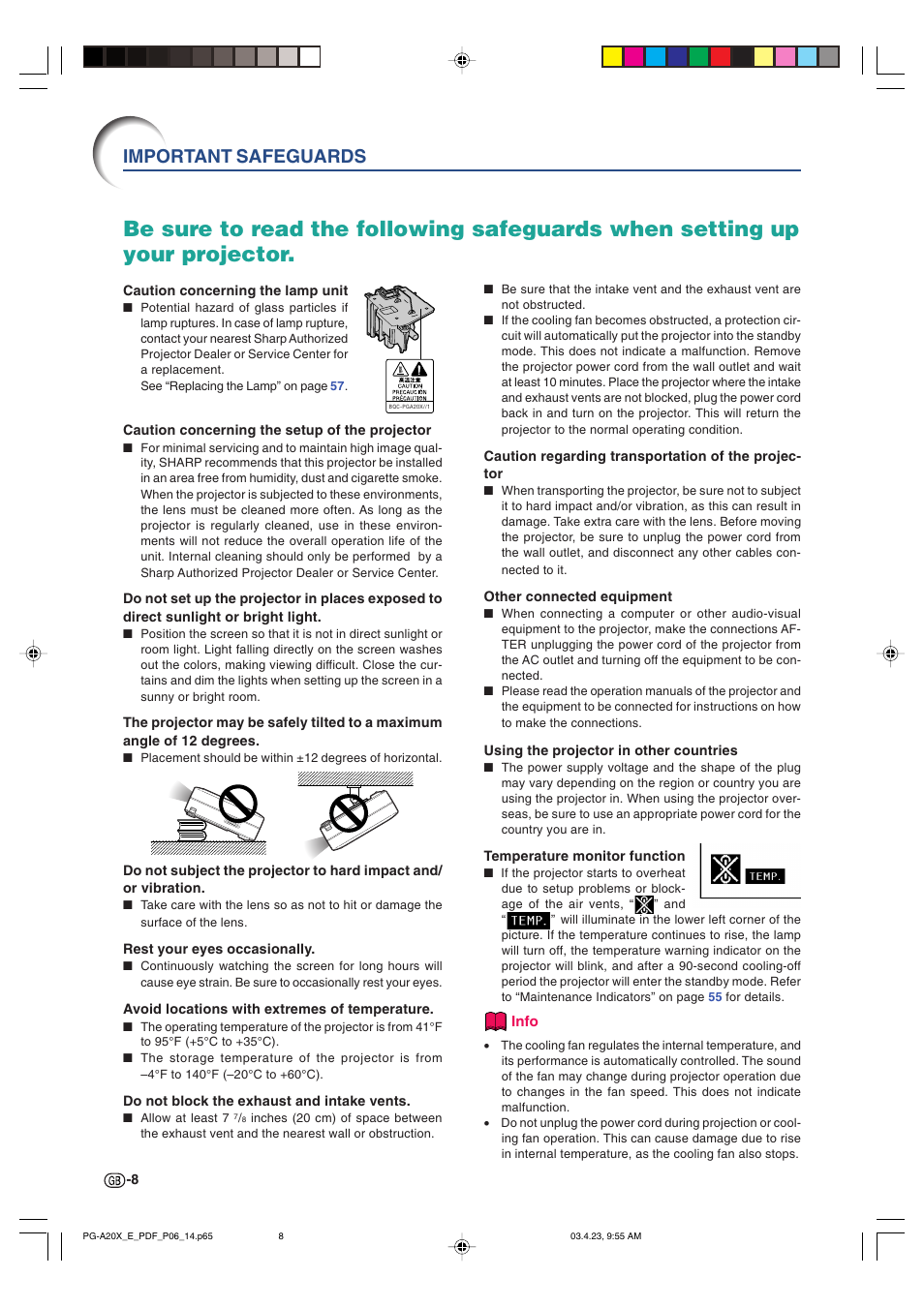 Important safeguards | Sharp PG-A20X User Manual | Page 12 / 74