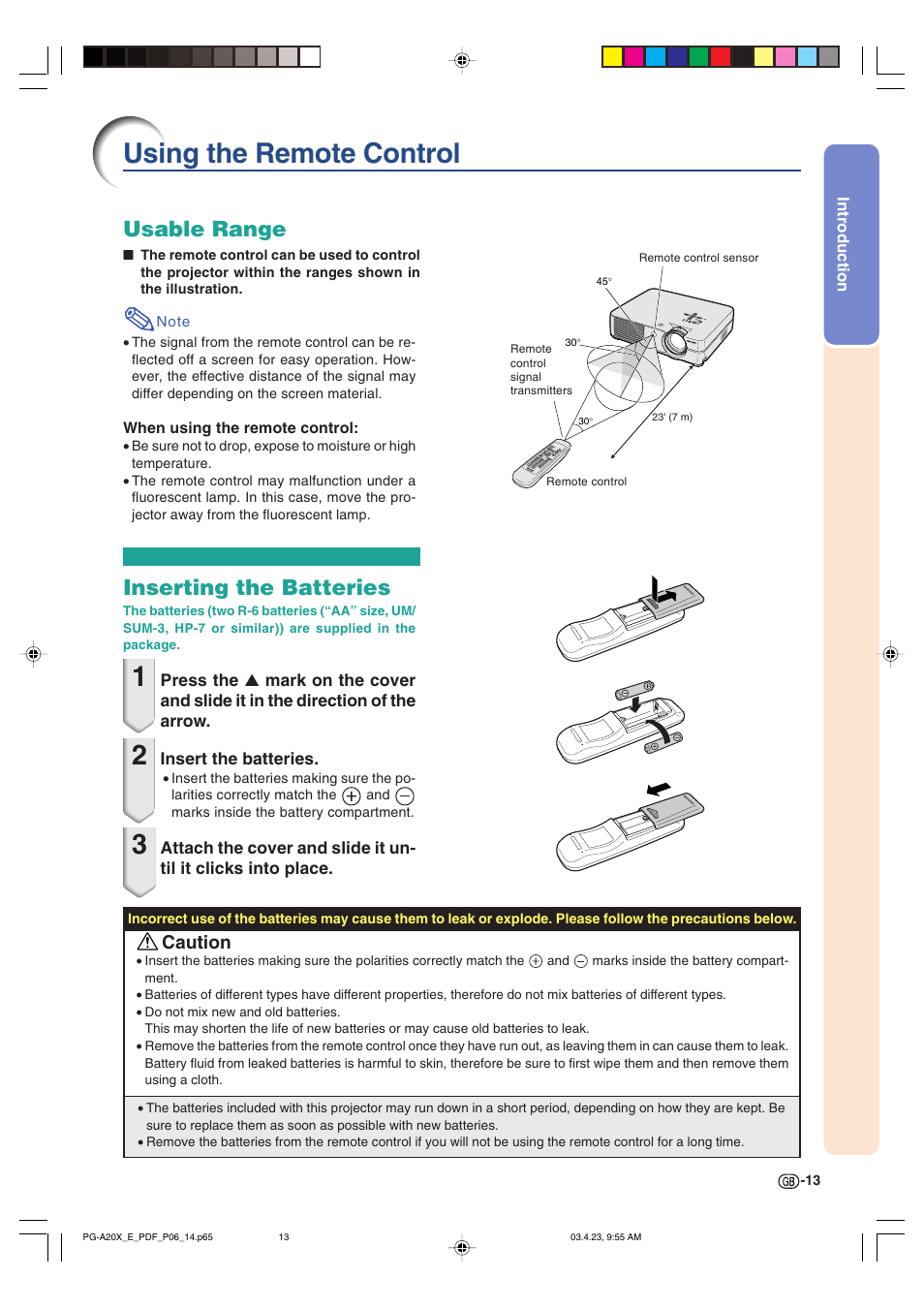 Using the remote control, Inserting the batteries, Usable range | Caution | Sharp PG-A20X User Manual | Page 17 / 74