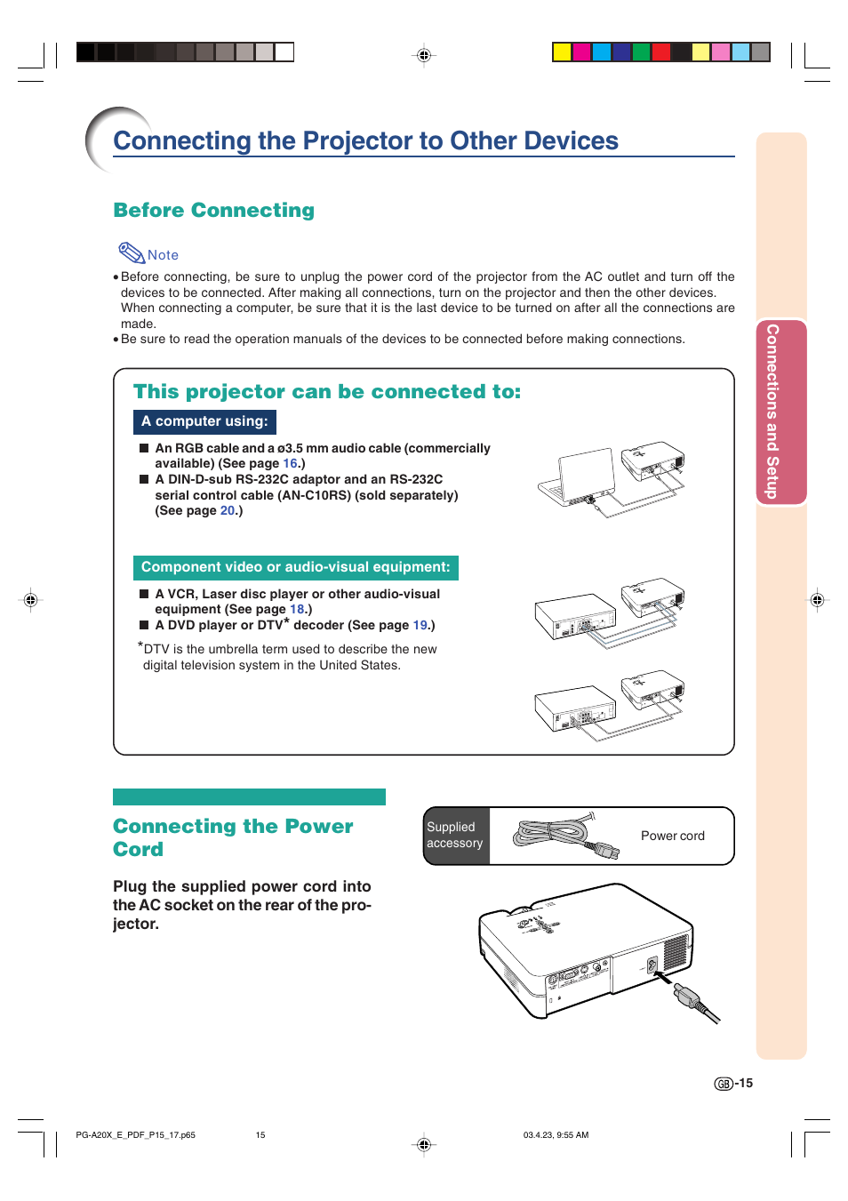 Connecting the projector to other devices, Before connecting, This projector can be connected to | Connecting the power cord | Sharp PG-A20X User Manual | Page 19 / 74