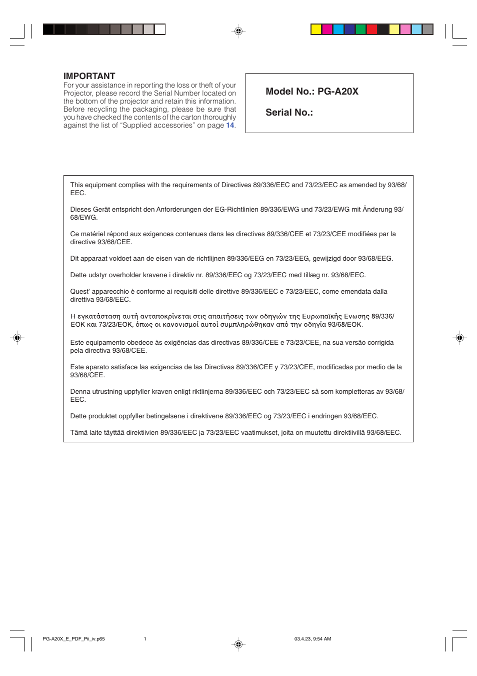 Model no.: pg-a20x serial no, Important | Sharp PG-A20X User Manual | Page 2 / 74