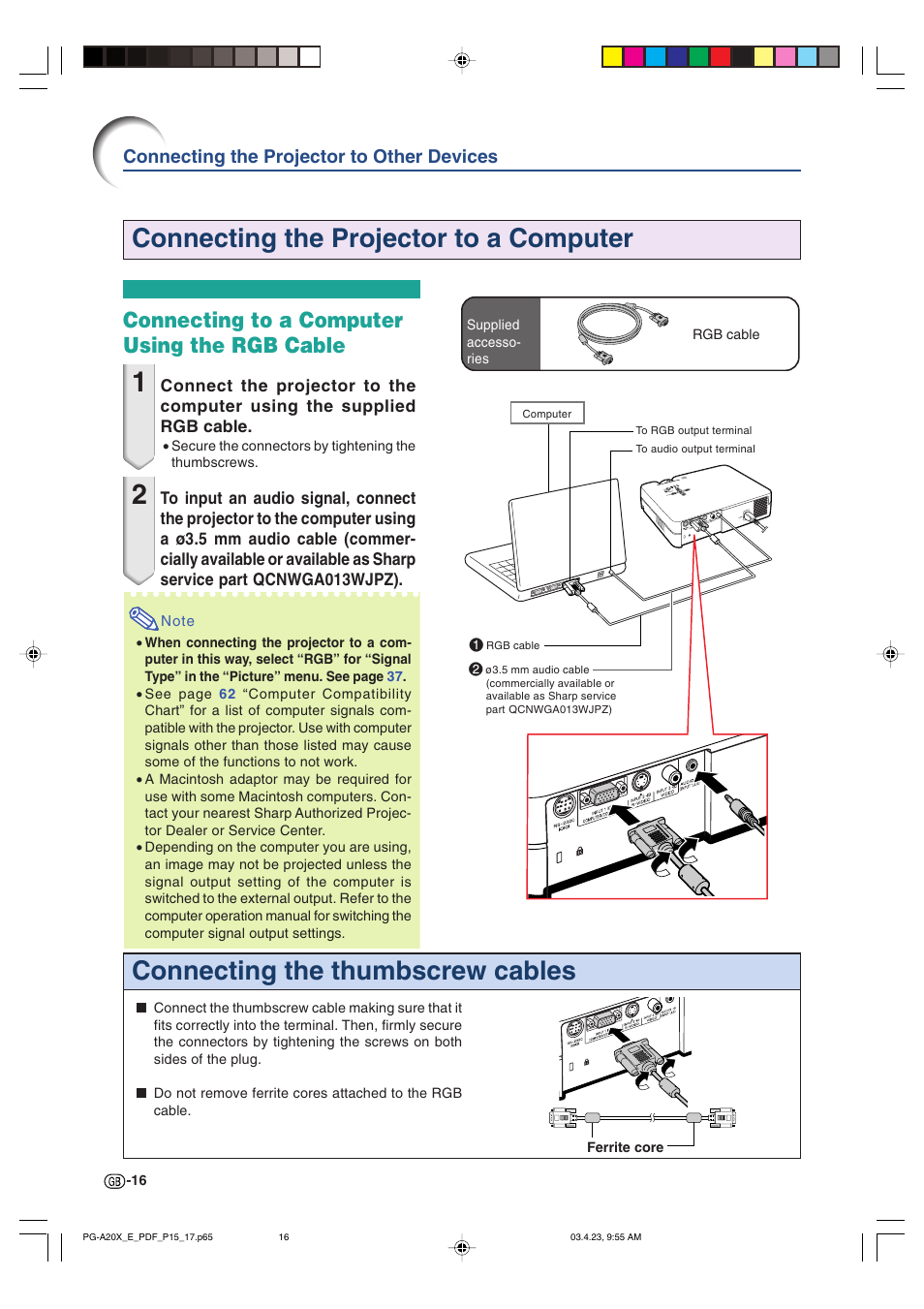 Connecting to a computer using the rgb cable, Connecting the projector to other devices | Sharp PG-A20X User Manual | Page 20 / 74