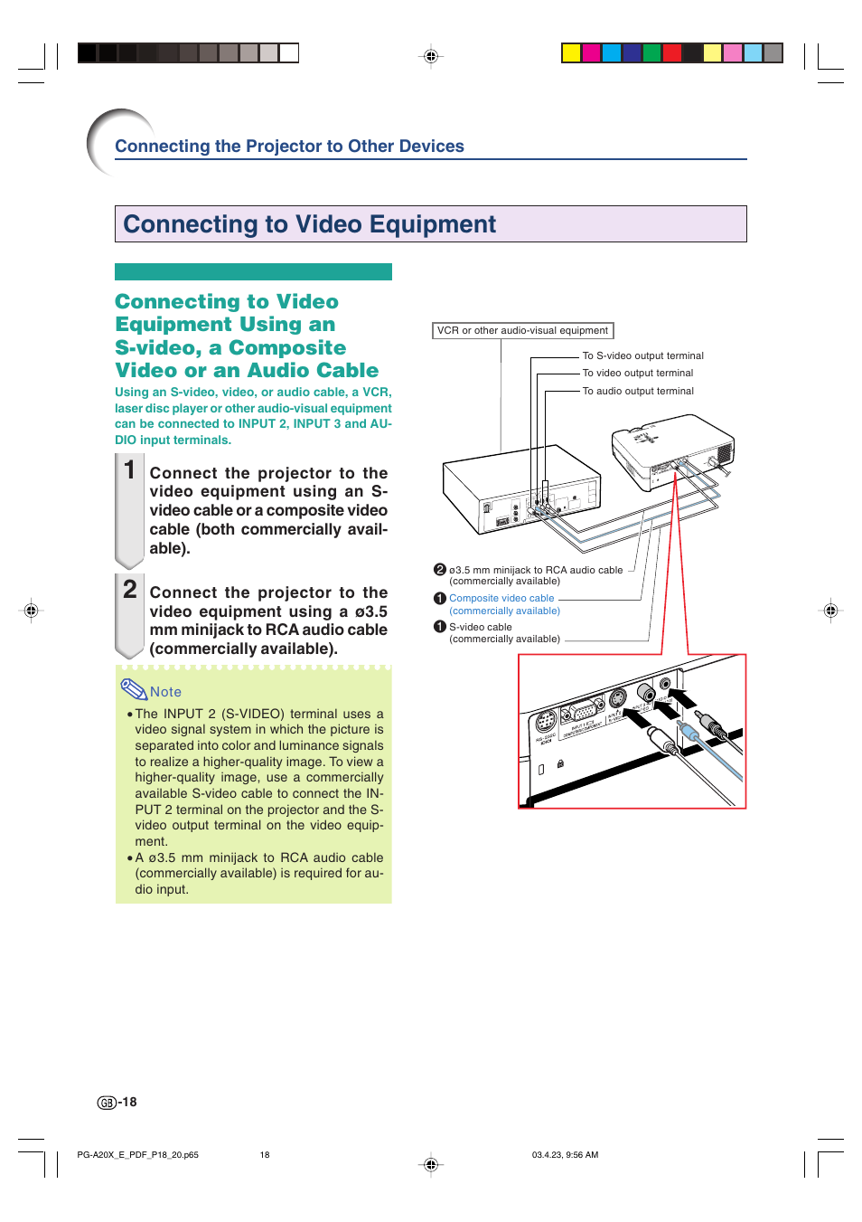Connecting to video equipment, Connecting the projector to other devices | Sharp PG-A20X User Manual | Page 22 / 74