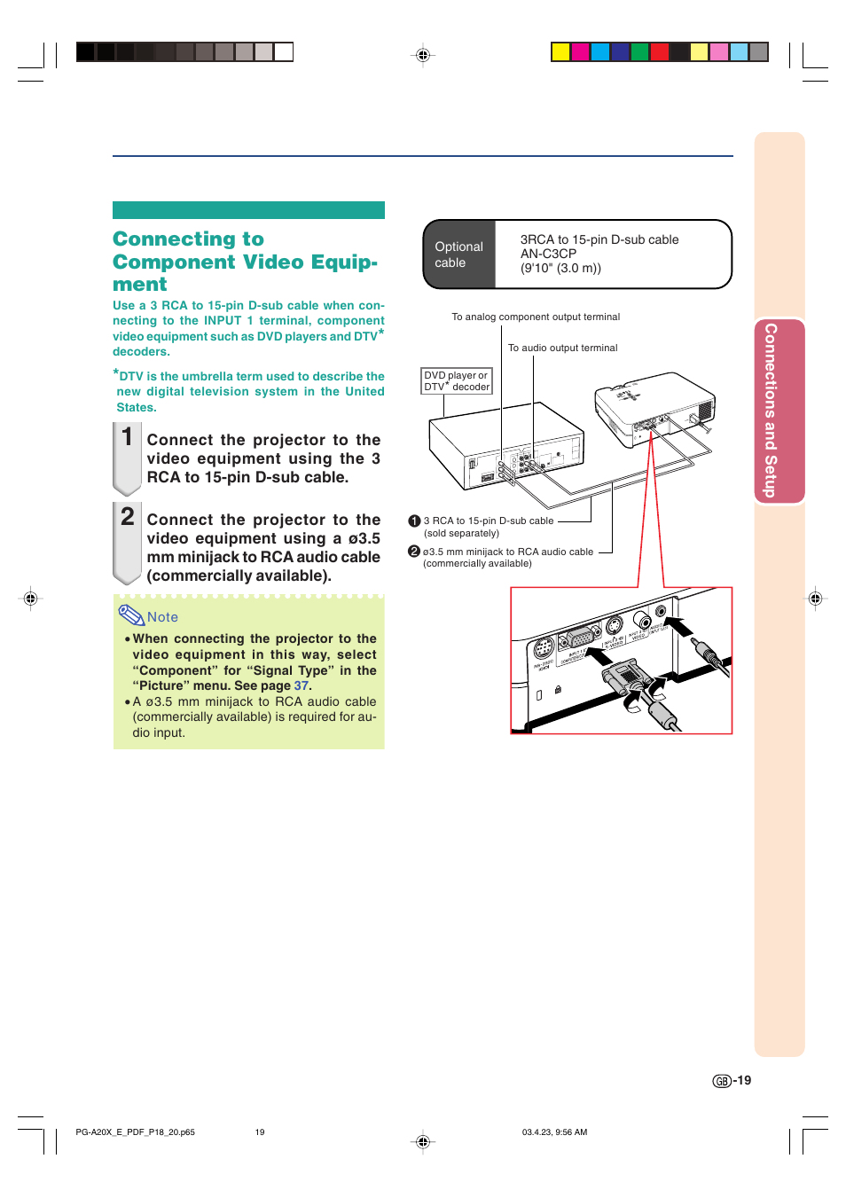 Connecting to component video equip- ment | Sharp PG-A20X User Manual | Page 23 / 74