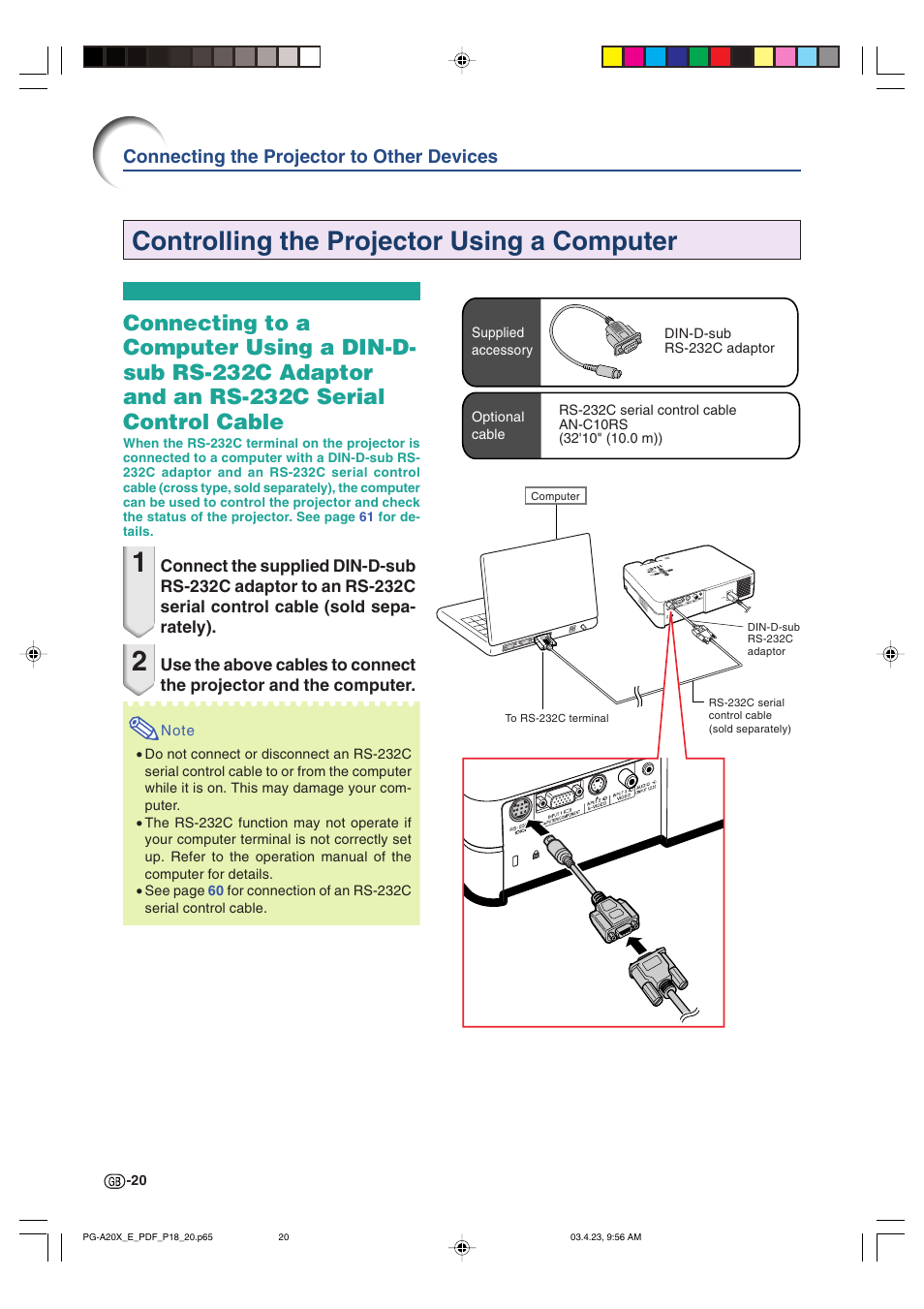 Controlling the projector using a computer, Connecting the projector to other devices | Sharp PG-A20X User Manual | Page 24 / 74