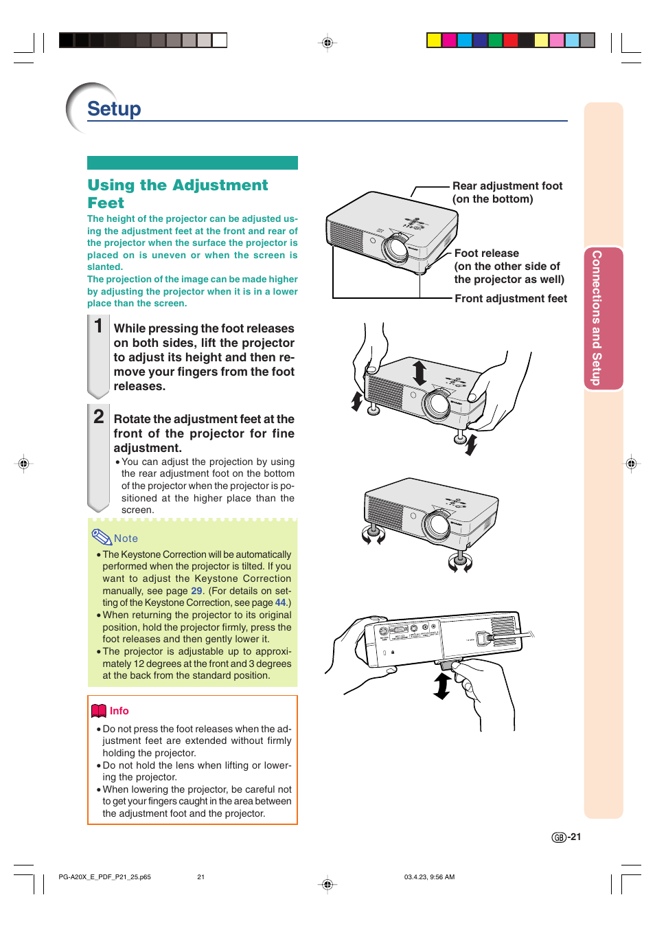 Setup, Using the adjustment feet | Sharp PG-A20X User Manual | Page 25 / 74