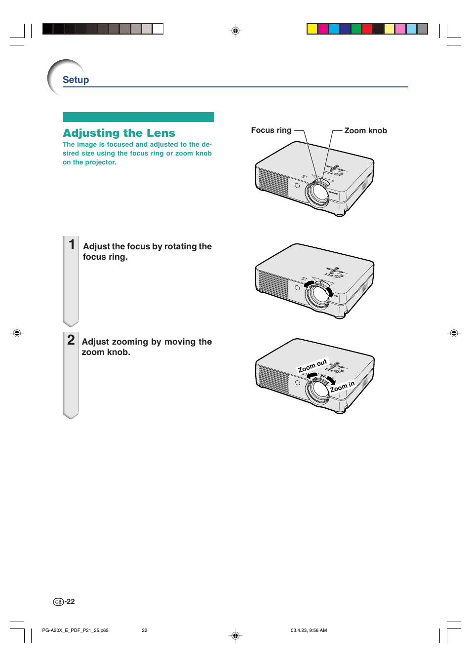 Adjusting the lens | Sharp PG-A20X User Manual | Page 26 / 74