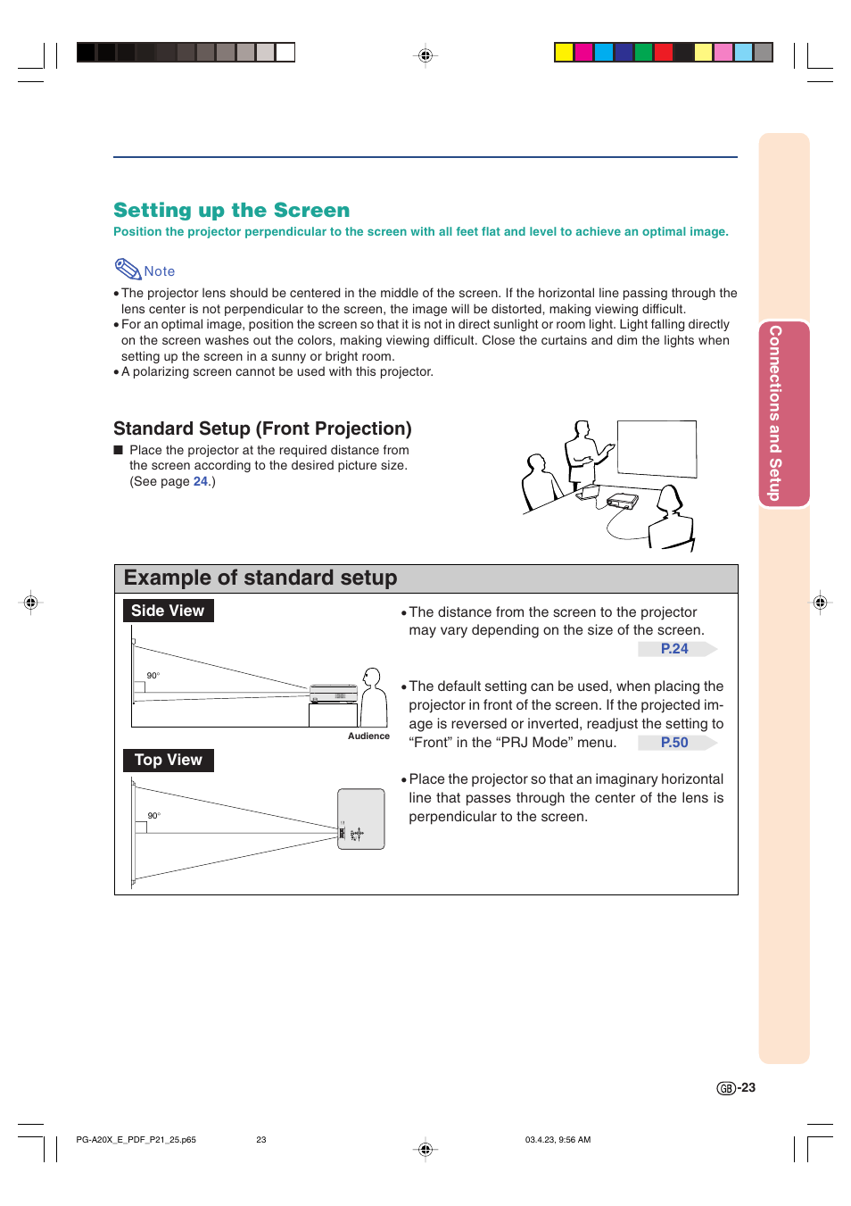 Example of standard setup, Setting up the screen, Standard setup (front projection) | Sharp PG-A20X User Manual | Page 27 / 74