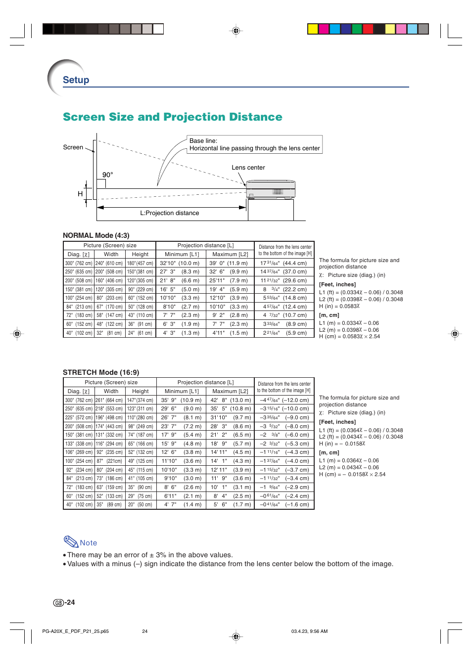 Screen size and projection distance, Setup | Sharp PG-A20X User Manual | Page 28 / 74