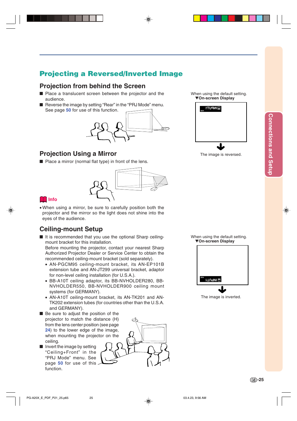 Projecting a reversed/inverted image, Projection from behind the screen, Projection using a mirror | Ceiling-mount setup | Sharp PG-A20X User Manual | Page 29 / 74