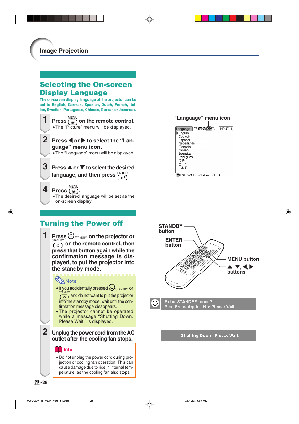 Selecting the on-screen display language, Turning the power off | Sharp PG-A20X User Manual | Page 32 / 74