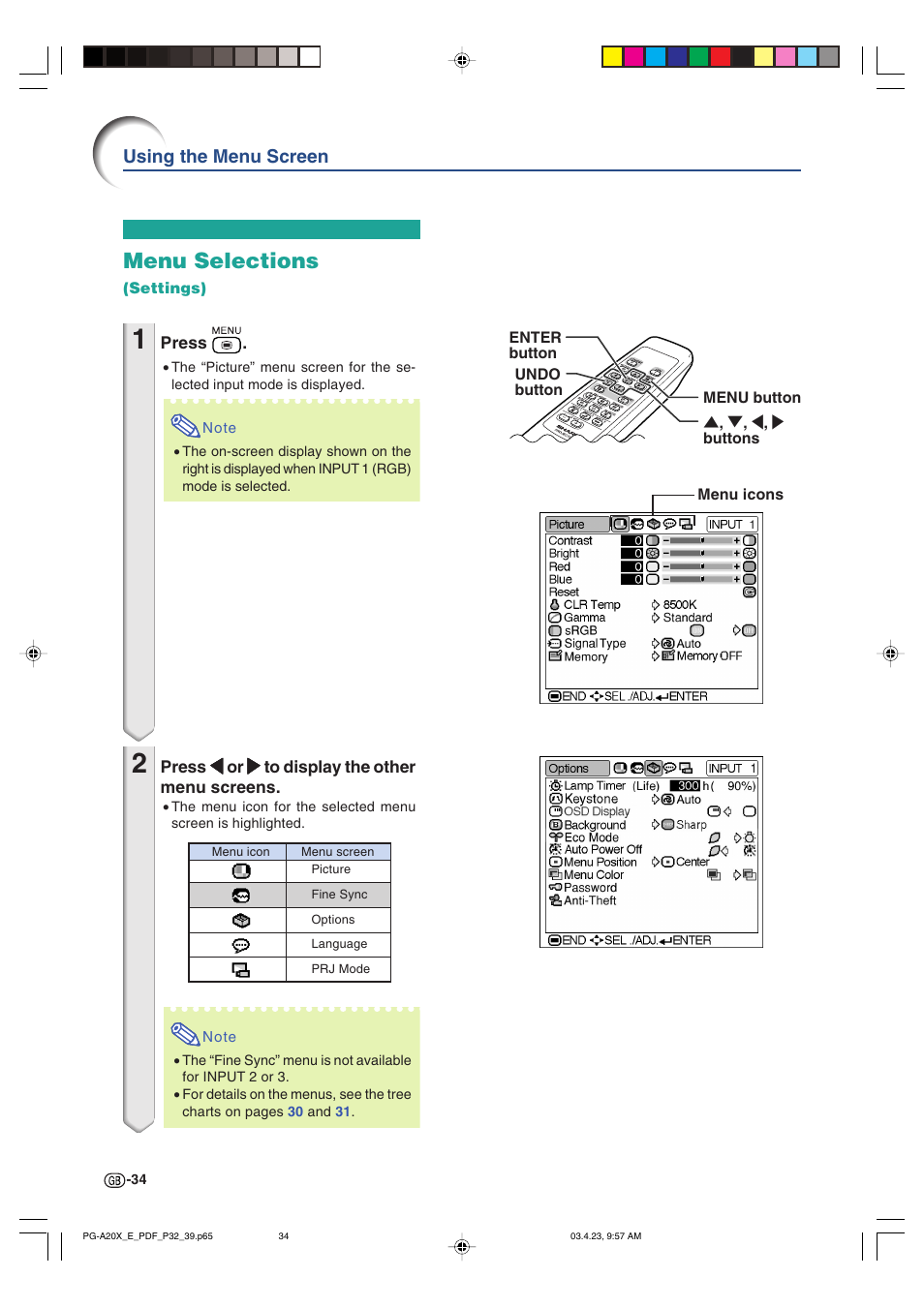 Menu selections, Using the menu screen | Sharp PG-A20X User Manual | Page 38 / 74
