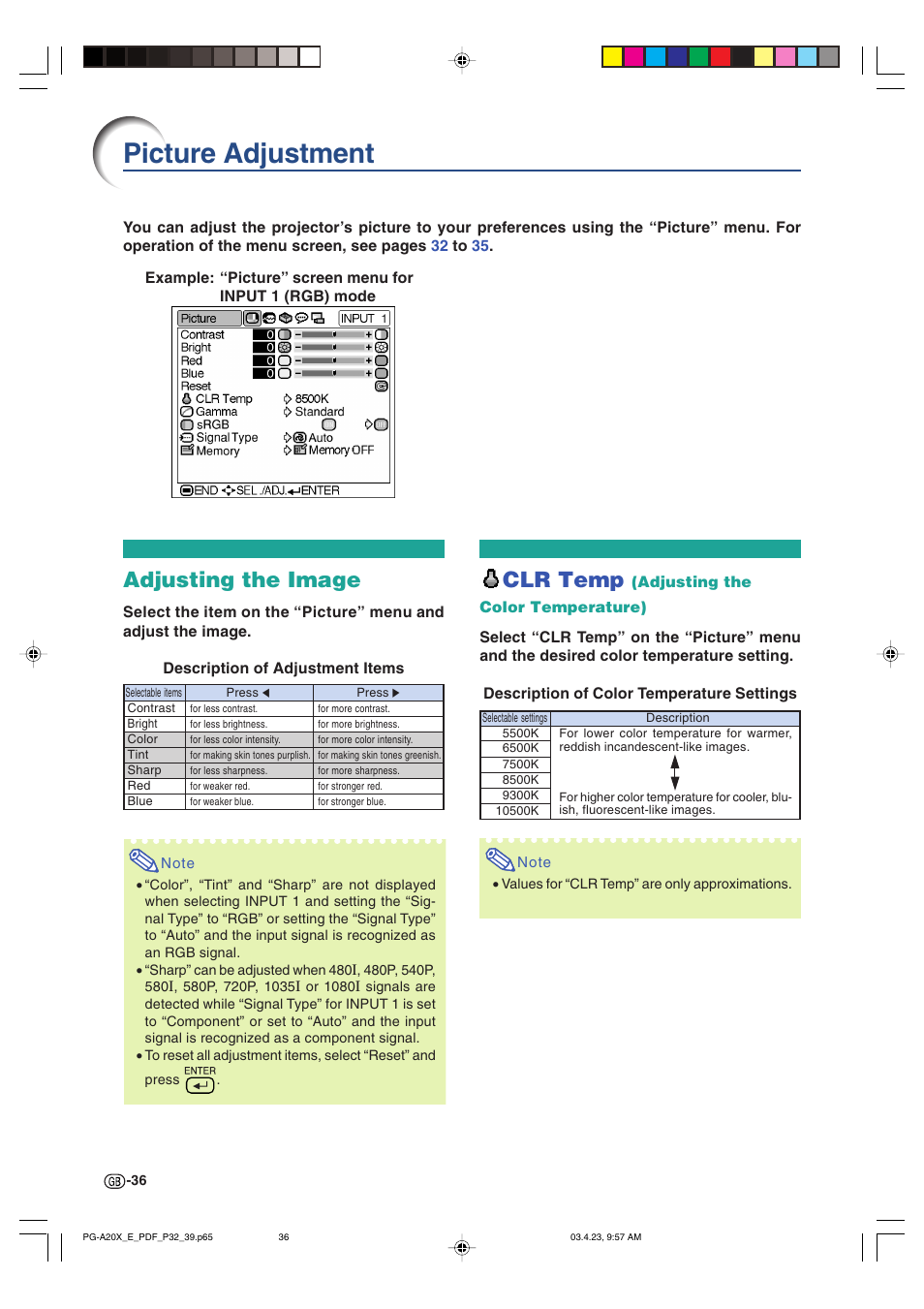 Picture adjustment, Clr temp, Adjusting the image | Sharp PG-A20X User Manual | Page 40 / 74