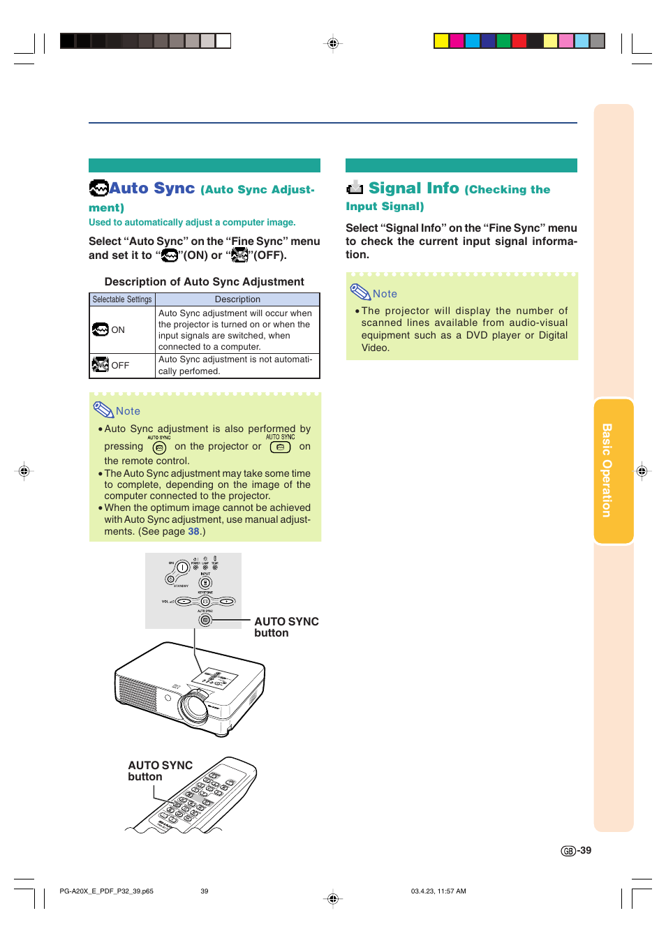Signal info, Auto sync | Sharp PG-A20X User Manual | Page 43 / 74