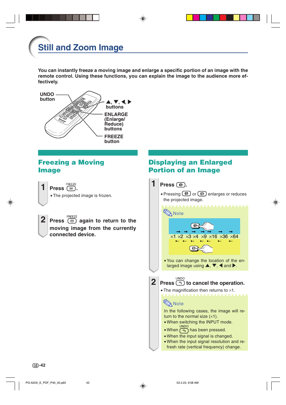 Still and zoom image, Freezing a moving image, Displaying an enlarged portion of an image | Sharp PG-A20X User Manual | Page 46 / 74