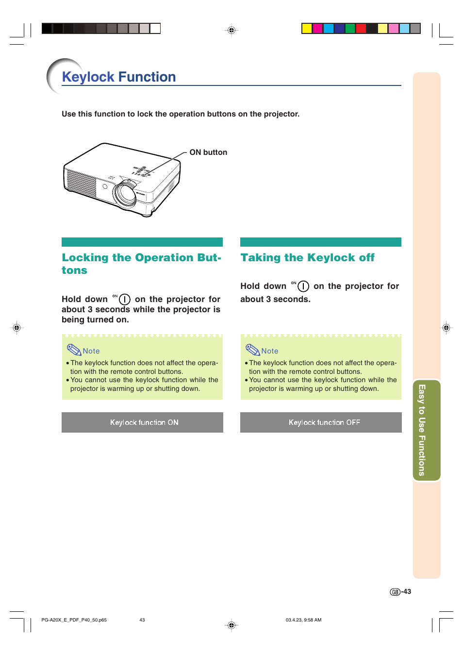 Keylock function, Locking the operation but- tons, Taking the keylock off | Sharp PG-A20X User Manual | Page 47 / 74