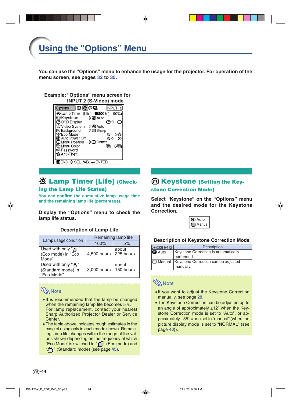 Using the “options” menu, Lamp timer (life), Keystone | Sharp PG-A20X User Manual | Page 48 / 74