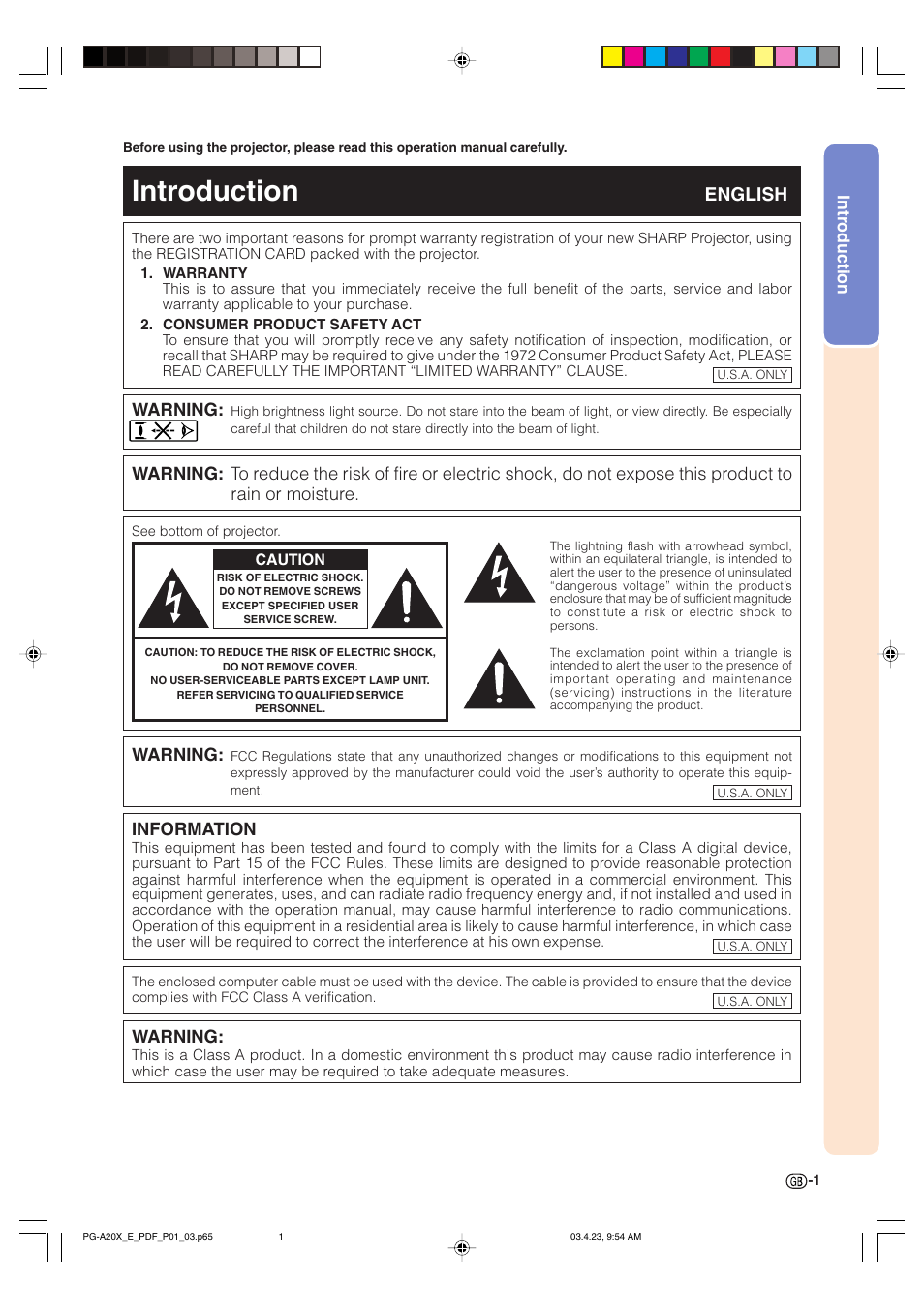 Introduction, English, Warning | Information | Sharp PG-A20X User Manual | Page 5 / 74