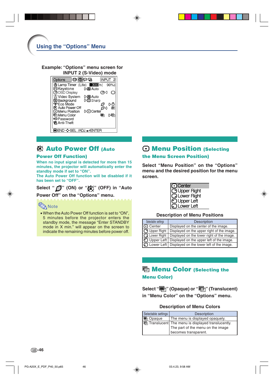 Auto power off, Menu position, Menu color | Using the “options” menu | Sharp PG-A20X User Manual | Page 50 / 74
