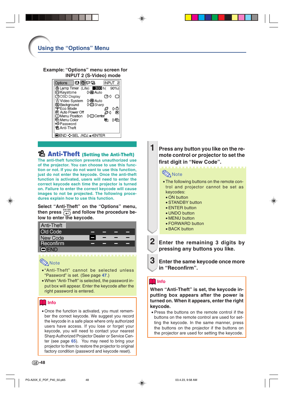 Anti-theft | Sharp PG-A20X User Manual | Page 52 / 74