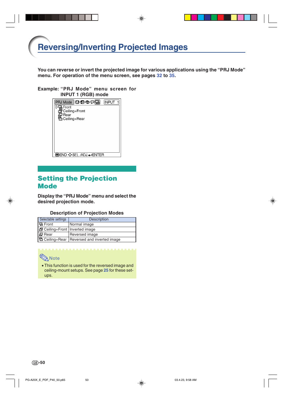 Reversing/inverting projected images, Setting the projection mode | Sharp PG-A20X User Manual | Page 54 / 74