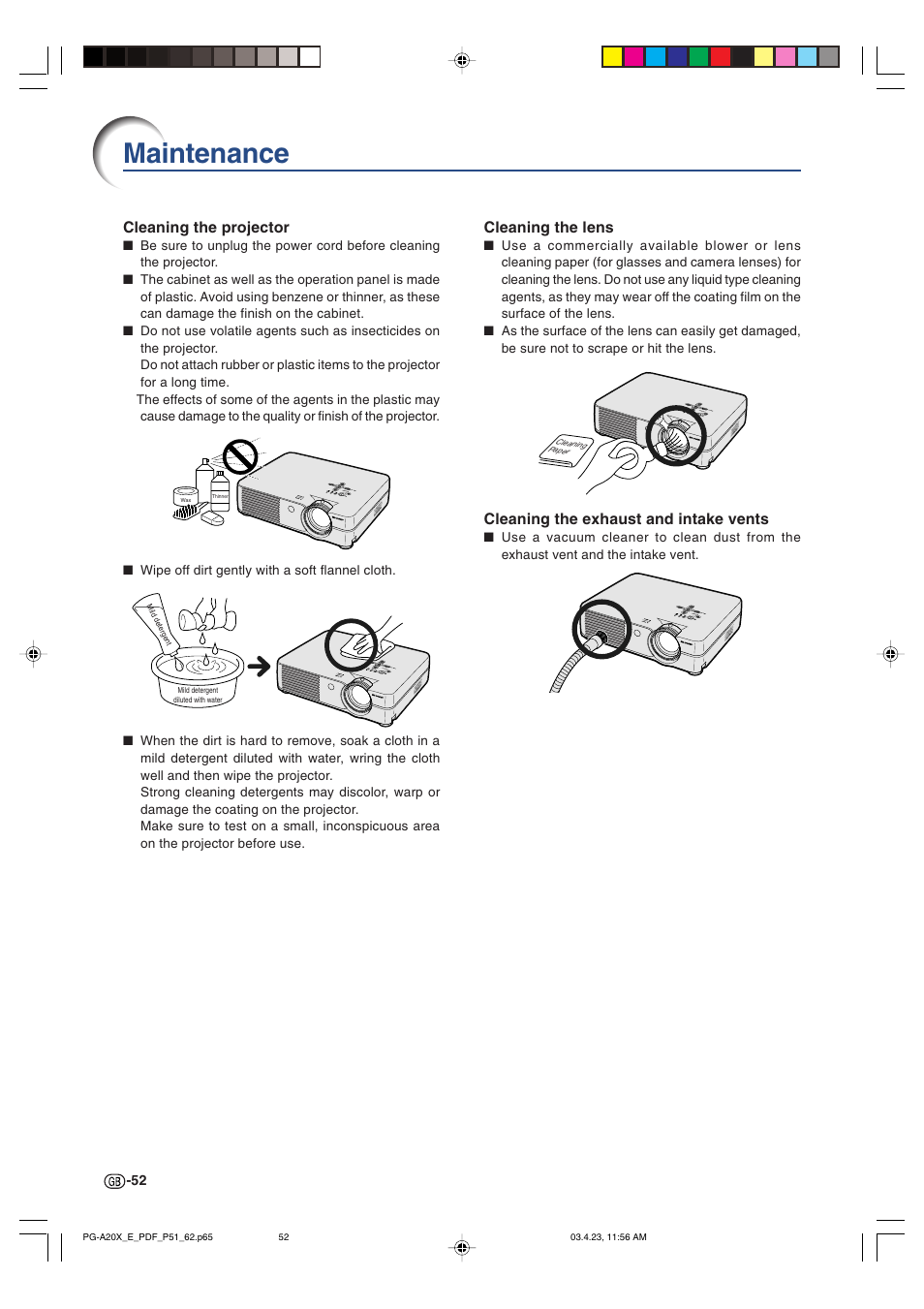 Maintenance, Cleaning the lens, Cleaning the exhaust and intake vents | Cleaning the projector | Sharp PG-A20X User Manual | Page 56 / 74