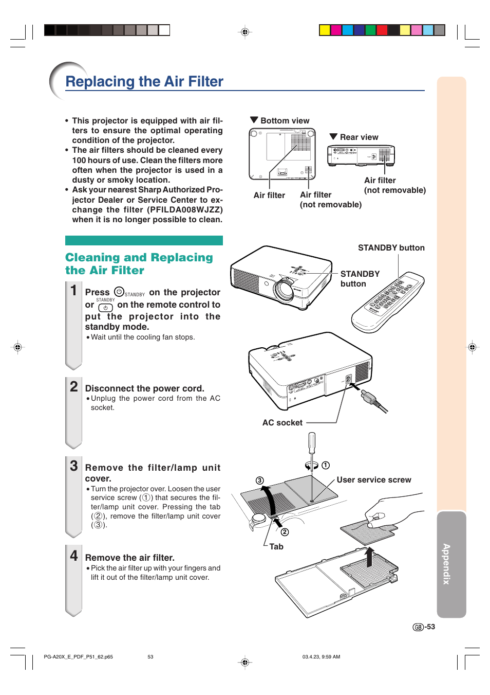 Replacing the air filter, Cleaning and replacing the air filter | Sharp PG-A20X User Manual | Page 57 / 74